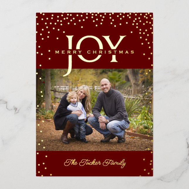 JOY Gold Confetti Dark Red Merry Christmas 2-Photo Foil Holiday Card (Front)