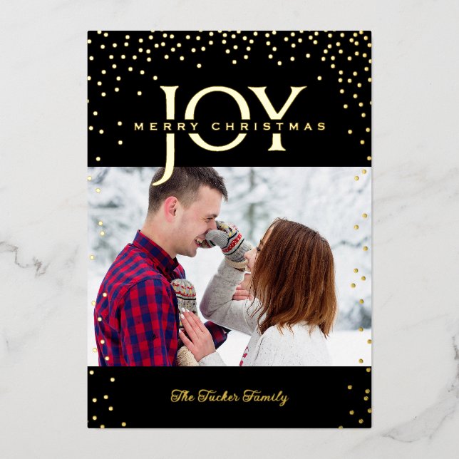 JOY Gold Confetti on Black 2-Photo Merry Christmas Foil Holiday Card (Front)