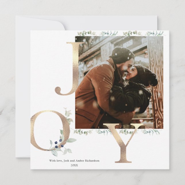 Joy gold dusty blue greenery Christmas photo card (Front)