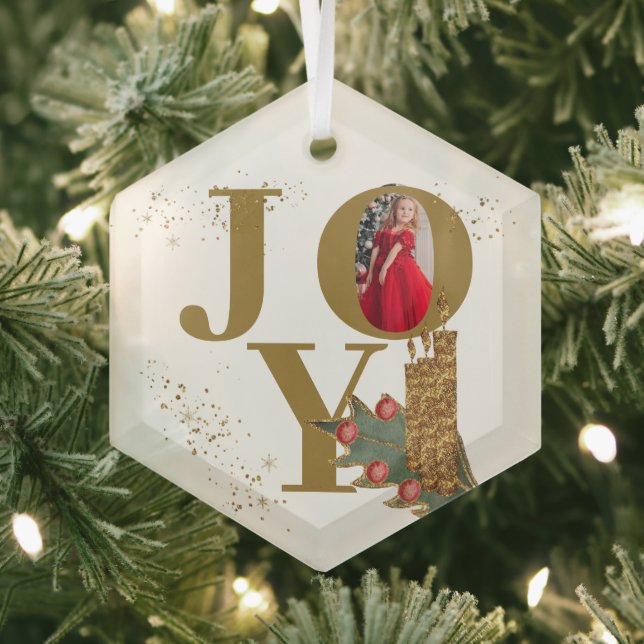 Joy Gold Red Sparky Christmas Candles Photo  Glass Ornament (Insitu)