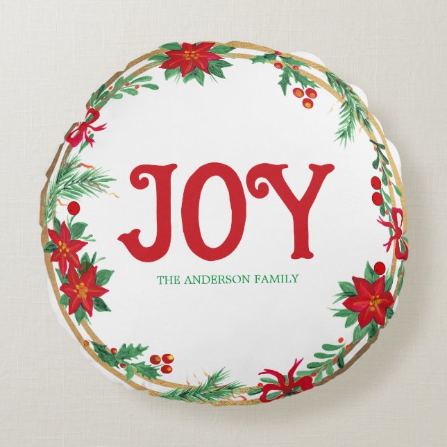 Joy Gold Red White Green Leaves Wreath Christmas Round Pillow (Front)