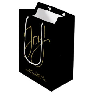 Joy! Gold Script Typography Minimal Black Holiday Medium Gift Bag