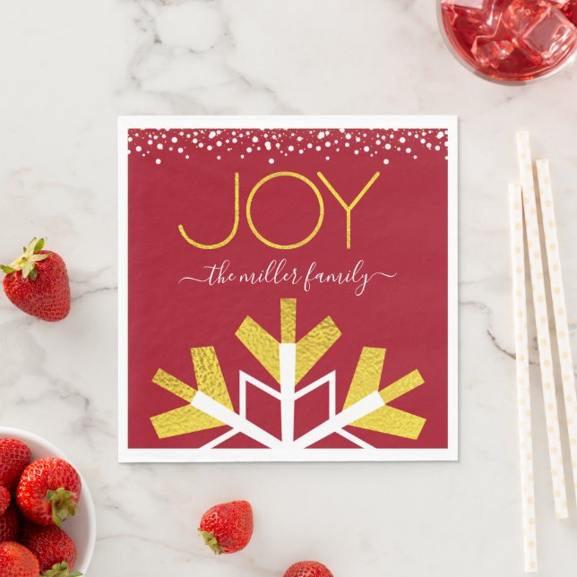 Joy Gold Typography Red Modern Holiday Snowflake Napkin (Insitu)