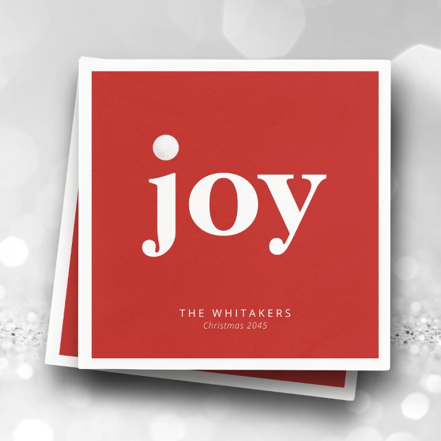 Joy Golf Holiday Personalized Name Typography Red Napkin (Modern “joy” design with golf ball detail.Personalize with family or club name for a holiday party.)