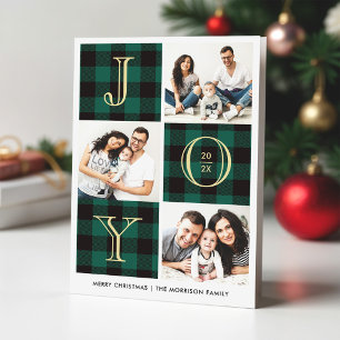 JOY Green Buffalo Plaid Photo Collage Holiday Card