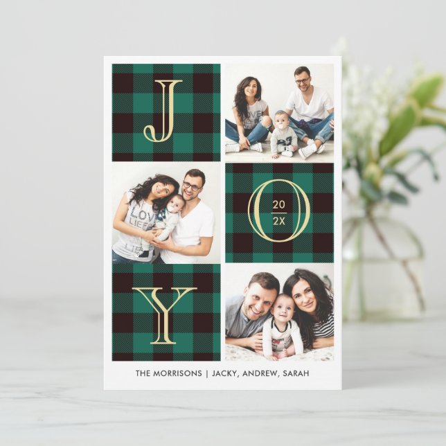 JOY | Green Plaid Photo Collage Holiday Card (Standing Front)