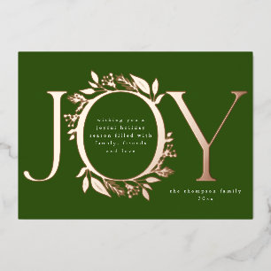 Joy Green Rose Gold Pine Berry Wreath Photo Foil Holiday Card