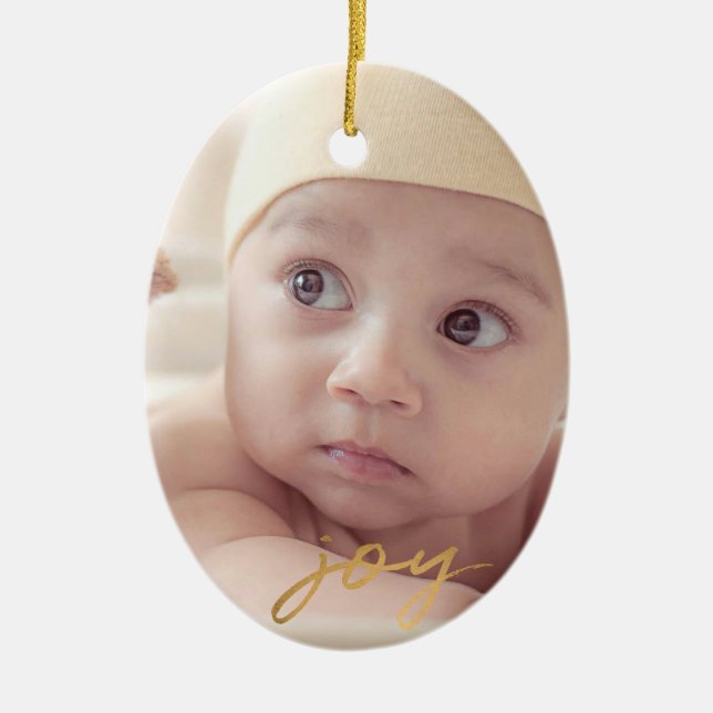 Joy Hand Lettered Gold 2 sided Photo Holiday Ceramic Ornament (Front)