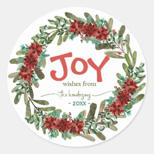 Joy Handwritten Script Name Red Christmas Wreath Classic Round Sticker