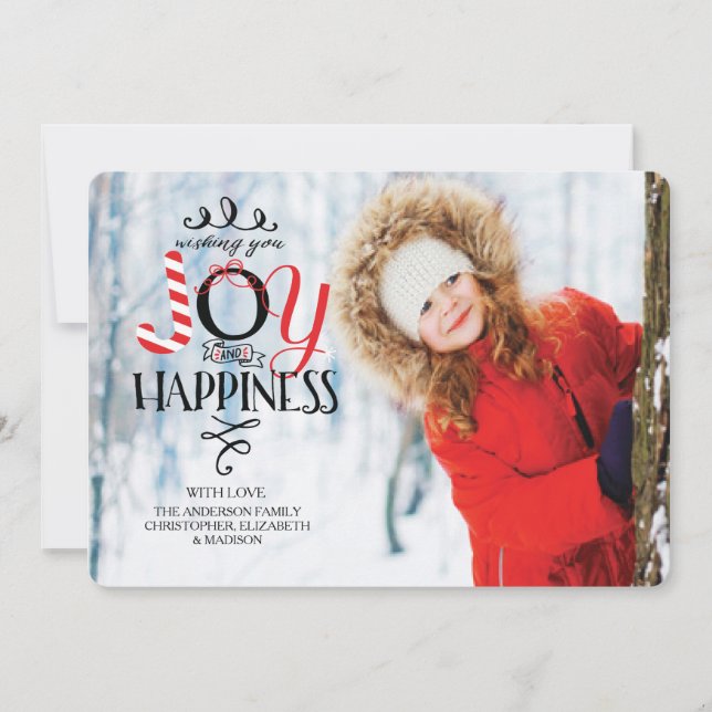 Joy & Happiness Flat Christmas Holiday Photo Card (Front)