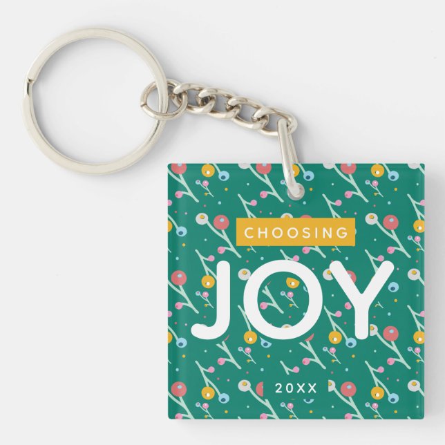 Joy Holiday Berries Green Christmas Custom Keychain (Front)