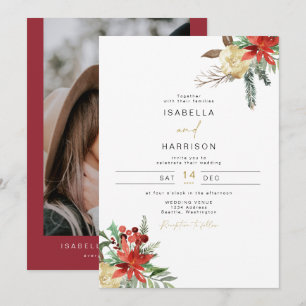JOY Holiday Poinsettia Winter Red Floral Wedding Invitation