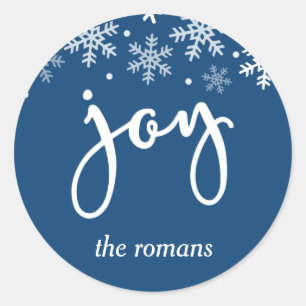 Joy Holiday Snowflake Navy Blue Personalized Classic Round Sticker