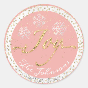 Joy Holidays Name Snowflakes Gold Peach Glitter Classic Round Sticker