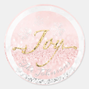 Joy Holidays Name Snowflakes Pink Gold Glitter Classic Round Sticker