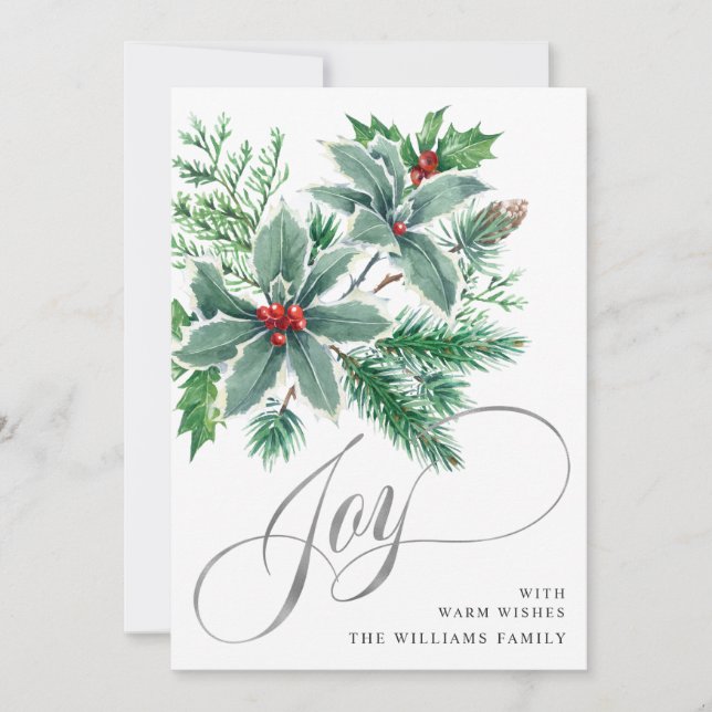 JOY Holly Berry Branch Christmas Greeting Holiday  Card (Front)