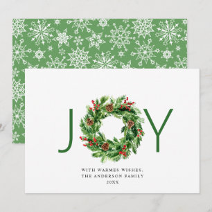 JOY Holly Berry Pine Cones Christmas Wreath Holiday Card
