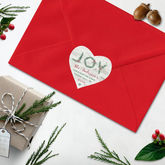 "Joy" Holly Branches Christmas Return Address Heart Sticker (Creator Uploaded)