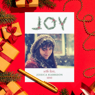 "Joy" Holly Branches Photo Carte de Noël