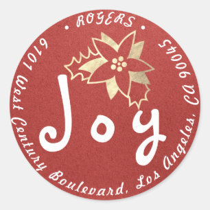 Joy Holly Holiday Return Address Linen Gold Kraft Classic Round Sticker