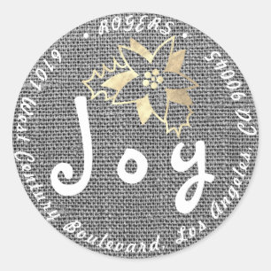 Joy Holly Holiday Return Address Linen Grey Rustic Classic Round Sticker