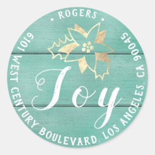 Joy Holly Holiday Return Address Rustic Gold Mint Classic Round Sticker