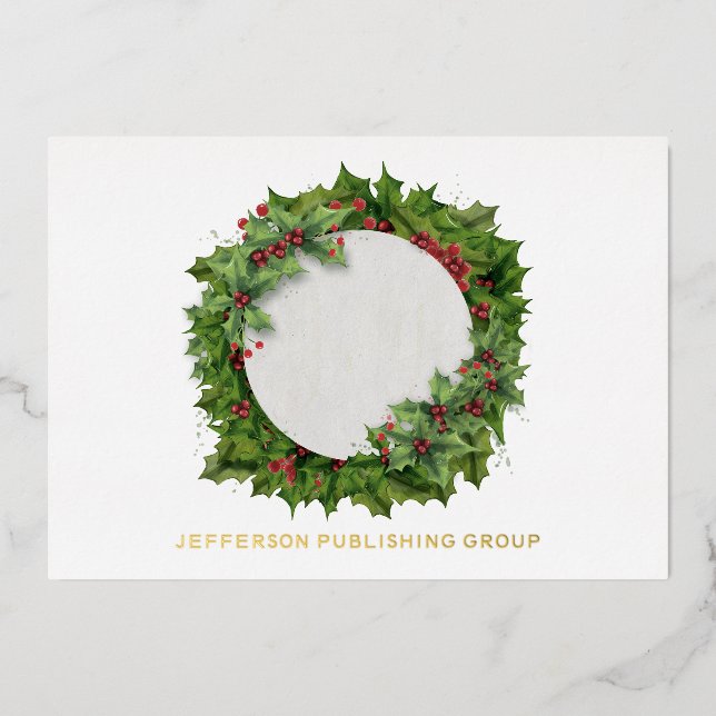 Joy Holly Wreath Modern Business  Foil Holiday Card (Front)