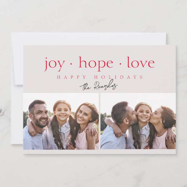 Joy Hope Love Modern Red Two Photo Holiday Card (Front)