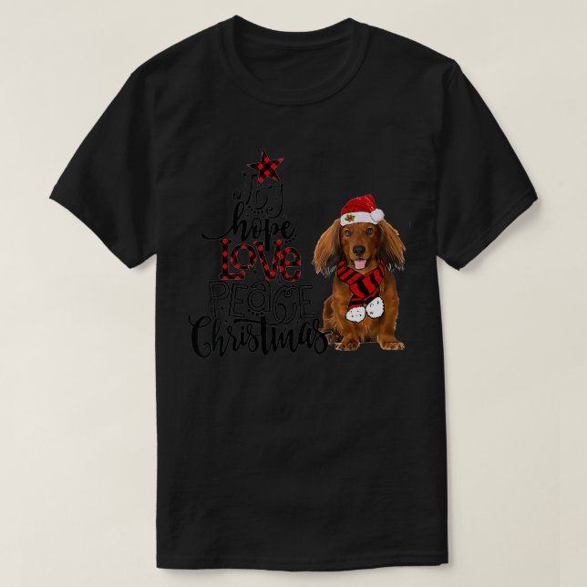 Joy Hope Love Peace Christmas Red Long Haired Dach T-Shirt (Design Front)