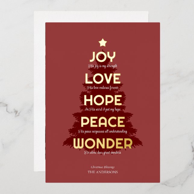 Joy Hope Love Peace Wonder Christian Christmas Foil Holiday Card (Front/Back)
