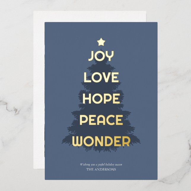 Joy Hope Love Peace Wonder Christmas Foil Holiday Card (Front/Back)