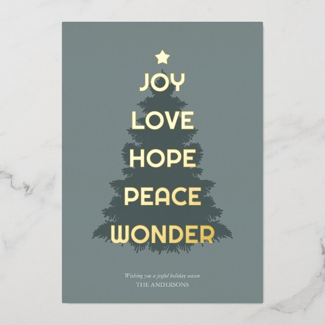 Joy Hope Love Peace Wonder Christmas Foil Holiday Card (Front)