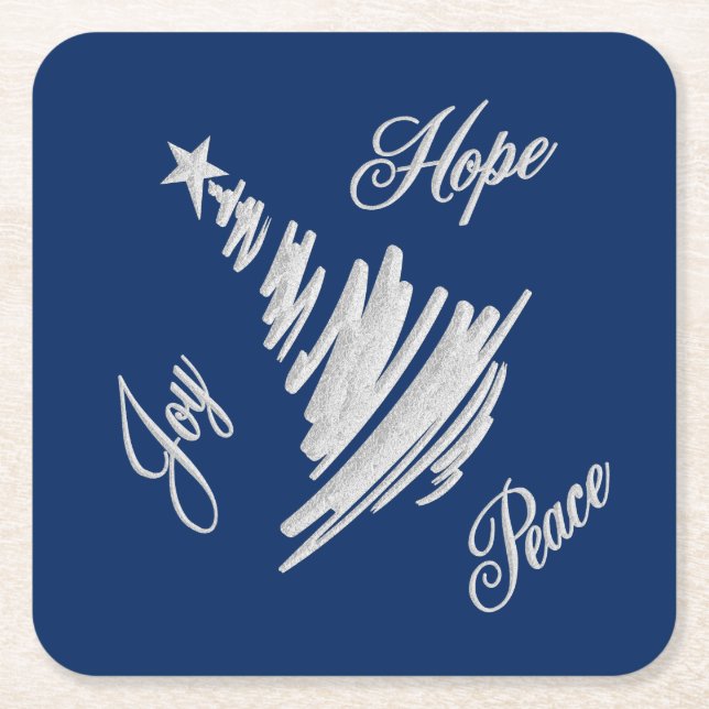 Joy Hope Peace Christmas Tree Square Paper Coaster (Front)