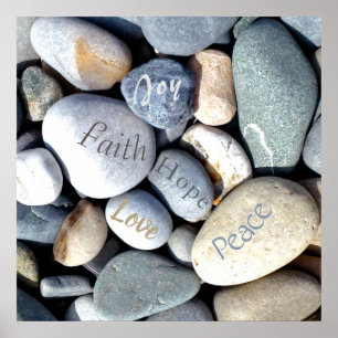 Joy Hope Peace Faith Love Christian Value Pebbles Poster