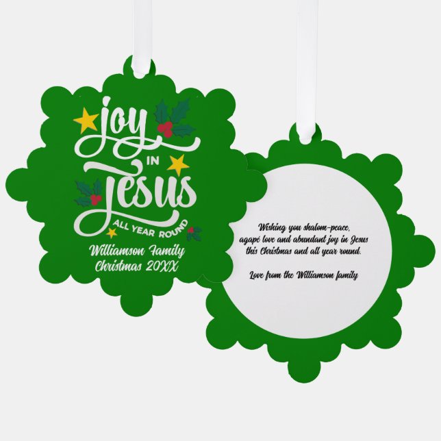 Joy in Jesus Christian Christmas Family Name  Ornament Card (Front/Back)