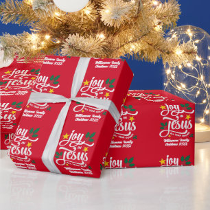Joy in Jesus Christian Christmas Family Name Wrapping Paper