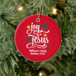 JOY IN JESUS Family Name Christian Christmas  Ceramic Ornament