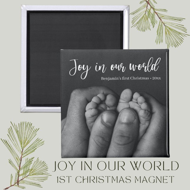 "Joy in our world" Baby's First Christmas Holiday Magnet (joy in our world photo Christmas magnet babys first christmas holiday gift)