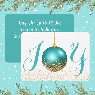 Joy In Turquoise and Gold Look Glitter Christmas Holiday Card