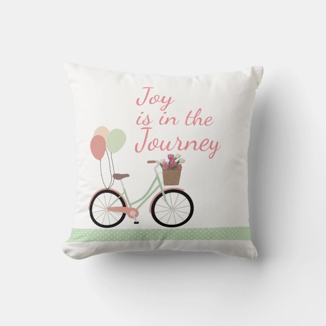 "Joy is in the Journey" Pink & Green Bicycle Throw Pillow (Front)