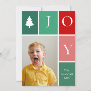 JOY Large Single Photo Chequered Christmas Tree Holiday Card