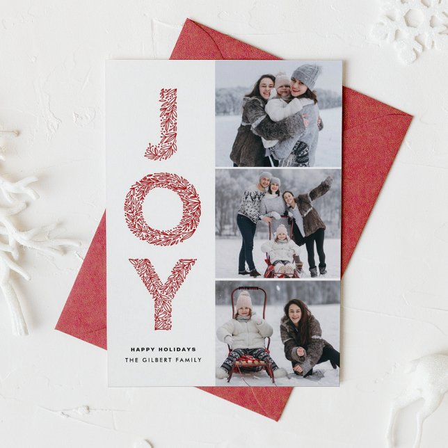 JOY Lettering Red Christmas Photo Collage Holiday Card (JOY Foliage Lettering Three Photo Collage Holiday Card)