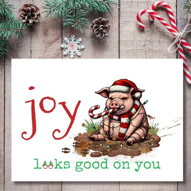 Joy Looks Good on You Funny Pig Christmas Holiday Card (Creator Uploaded)