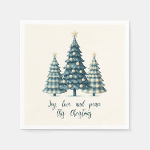 Joy, Love and Peace Blue Chequered Christmas Trees Napkin
