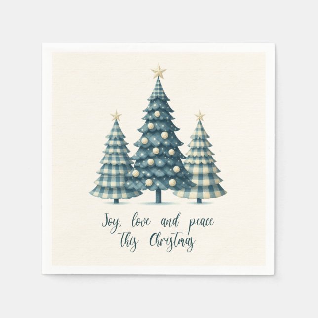 Joy, Love and Peace Blue Chequered Christmas Trees Napkin (Front)