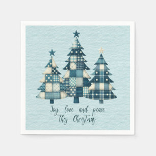 Joy, Love and Peace Blue Chequered Christmas Trees Napkin