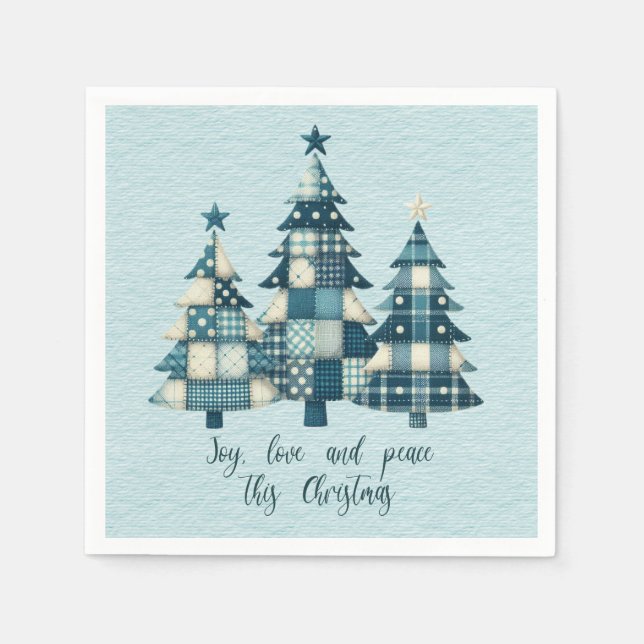 Joy, Love and Peace Blue Chequered Christmas Trees Napkin (Front)