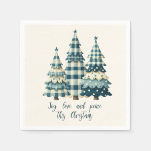 Joy, Love and Peace Blue Chequered Christmas Trees Napkin