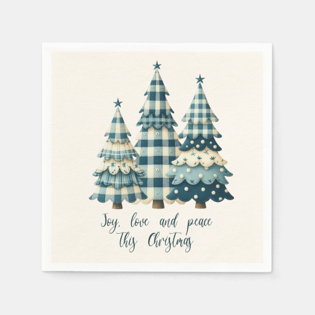 Joy, Love and Peace Blue Chequered Christmas Trees Napkin (Front)