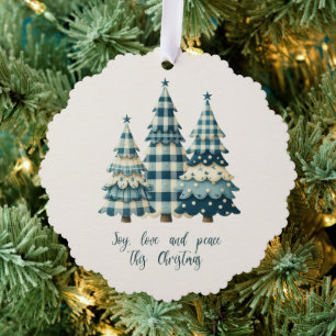 Joy, Love and Peace Blue Chequered Christmas Trees Ornament Card
